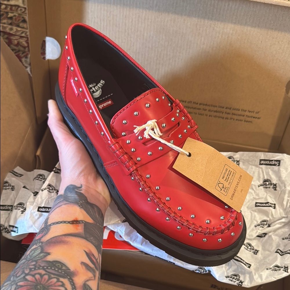 Supreme x Dr Marten Red Studded Loafers Size 7 Mens/ 8.5 Womens